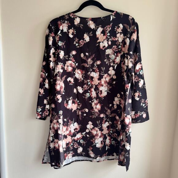 J. Jill Floral Tunic Blouse Black Pink V-Neck Side Slit Pullover 3/4 Sleeve Sz L - Picture 6 of 6